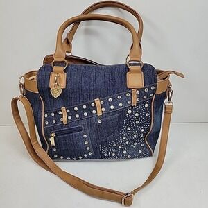 NWOT Denim Rhinestone Studded Satchel Purse Tan Trim Heart Charm Bag Glam Denim